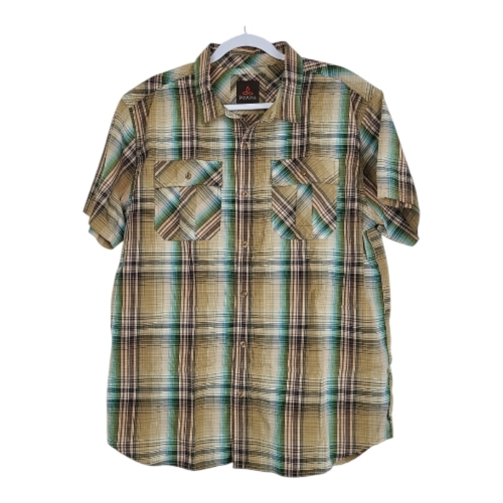 Prana Plaid Short Sleeve Button Down Shirt Sz XL | Vintage Outdoor Lightweight